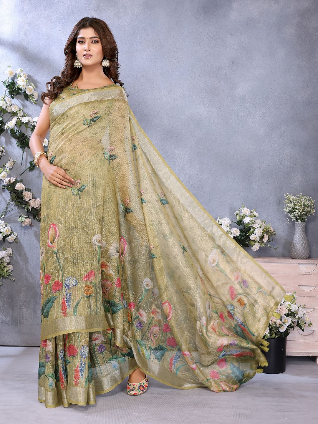 Buy Olive Green Floral Shimmer Linen Cotton Saree for Women