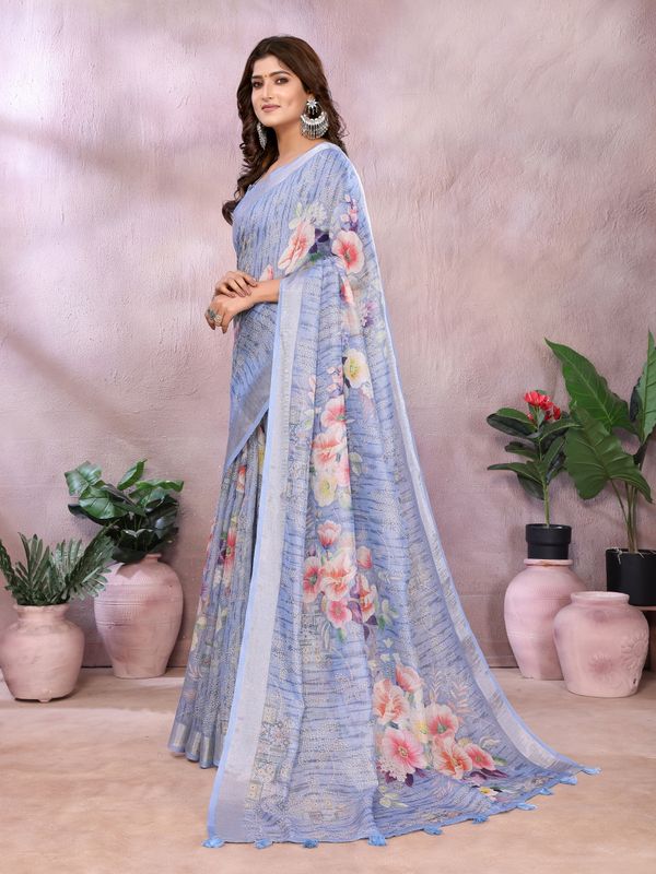 Buy Blue Floral Printed Shimmer Linen Cotton Saree