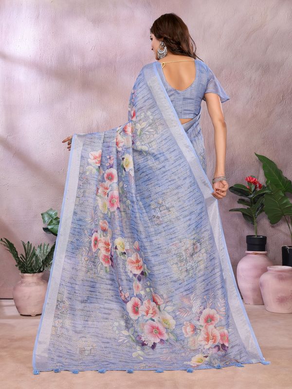 Buy Blue Floral Printed Shimmer Linen Cotton Saree