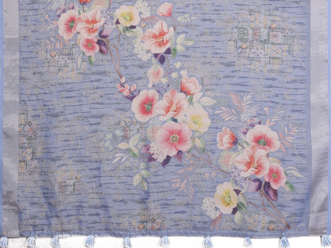Buy Blue Floral Printed Shimmer Linen Cotton Saree
