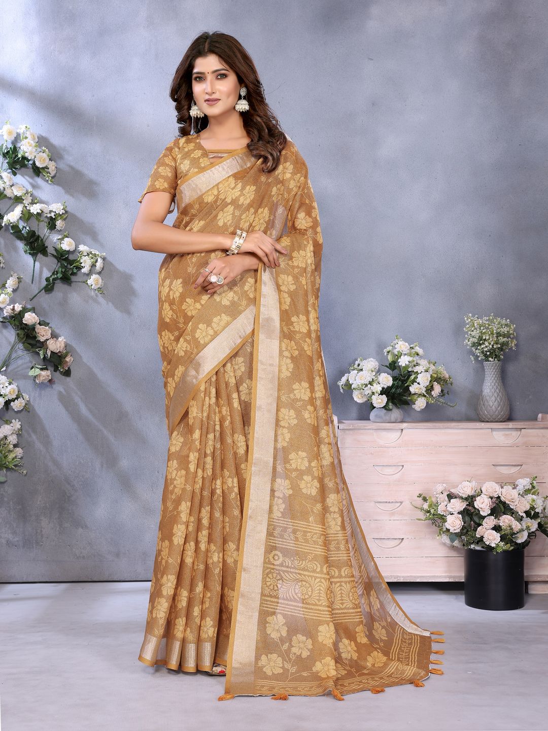 Mustard Brown Shimmer Linen Cotton Floral Saree with Border