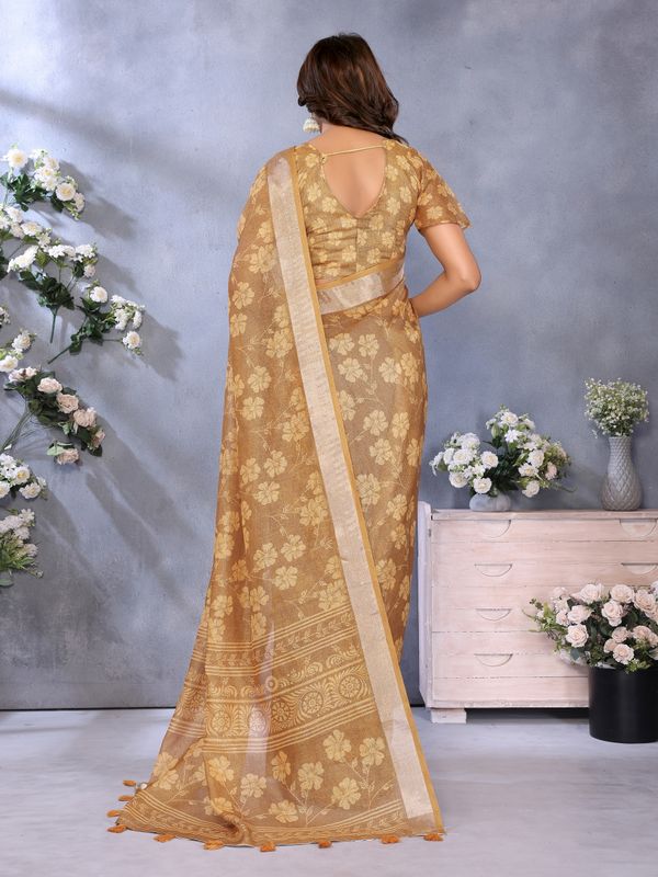 Mustard Brown Shimmer Linen Cotton Floral Saree with Border