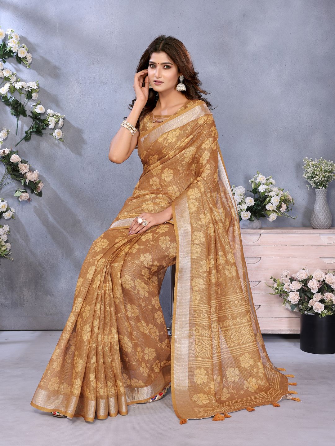 Mustard Brown Shimmer Linen Cotton Floral Saree with Border