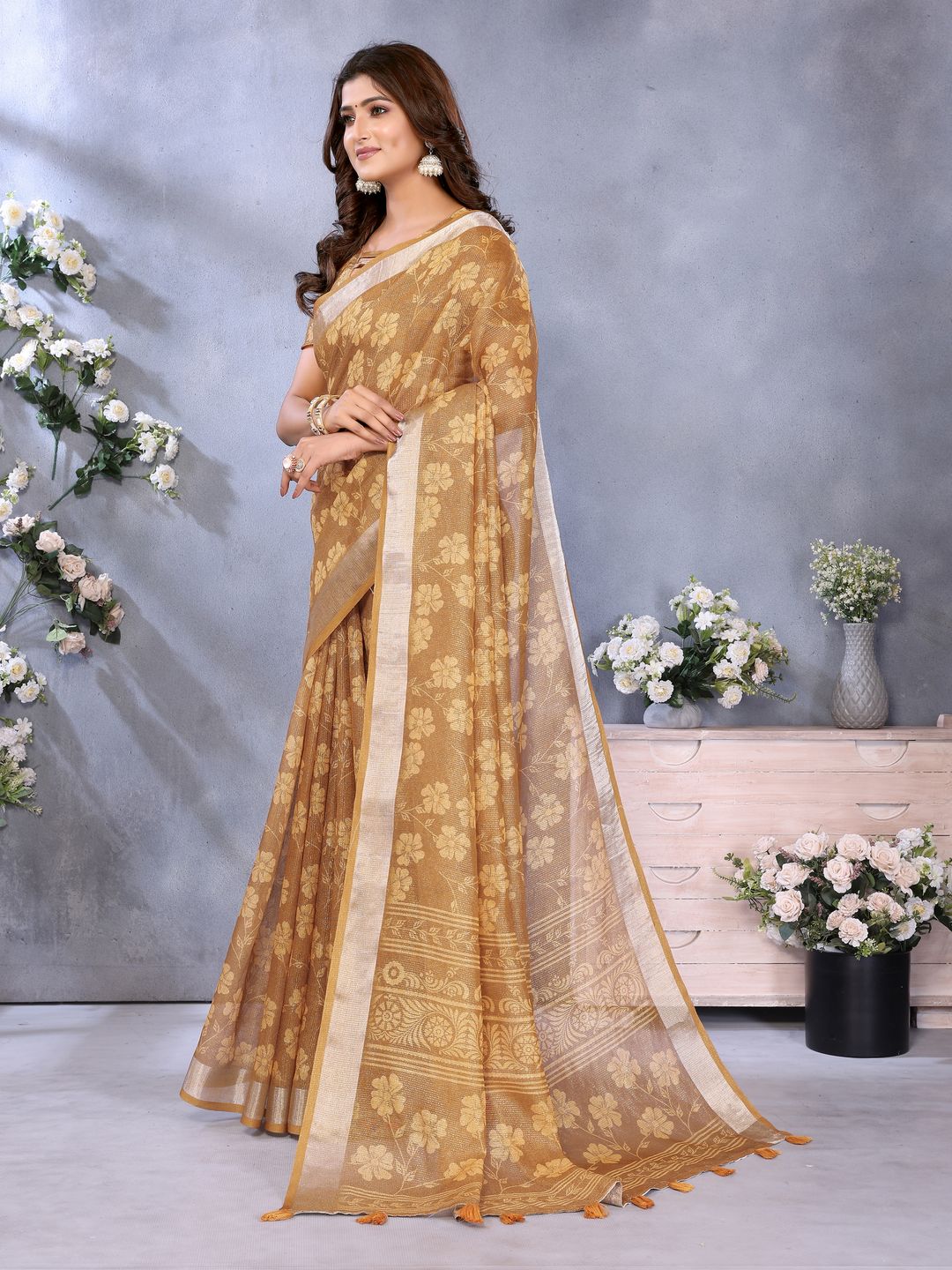 Mustard Brown Shimmer Linen Cotton Floral Saree with Border