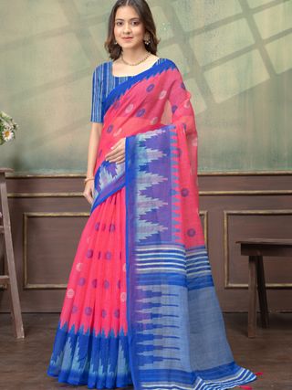Coral Pink & Royal Blue Printed Saree with Designer Border