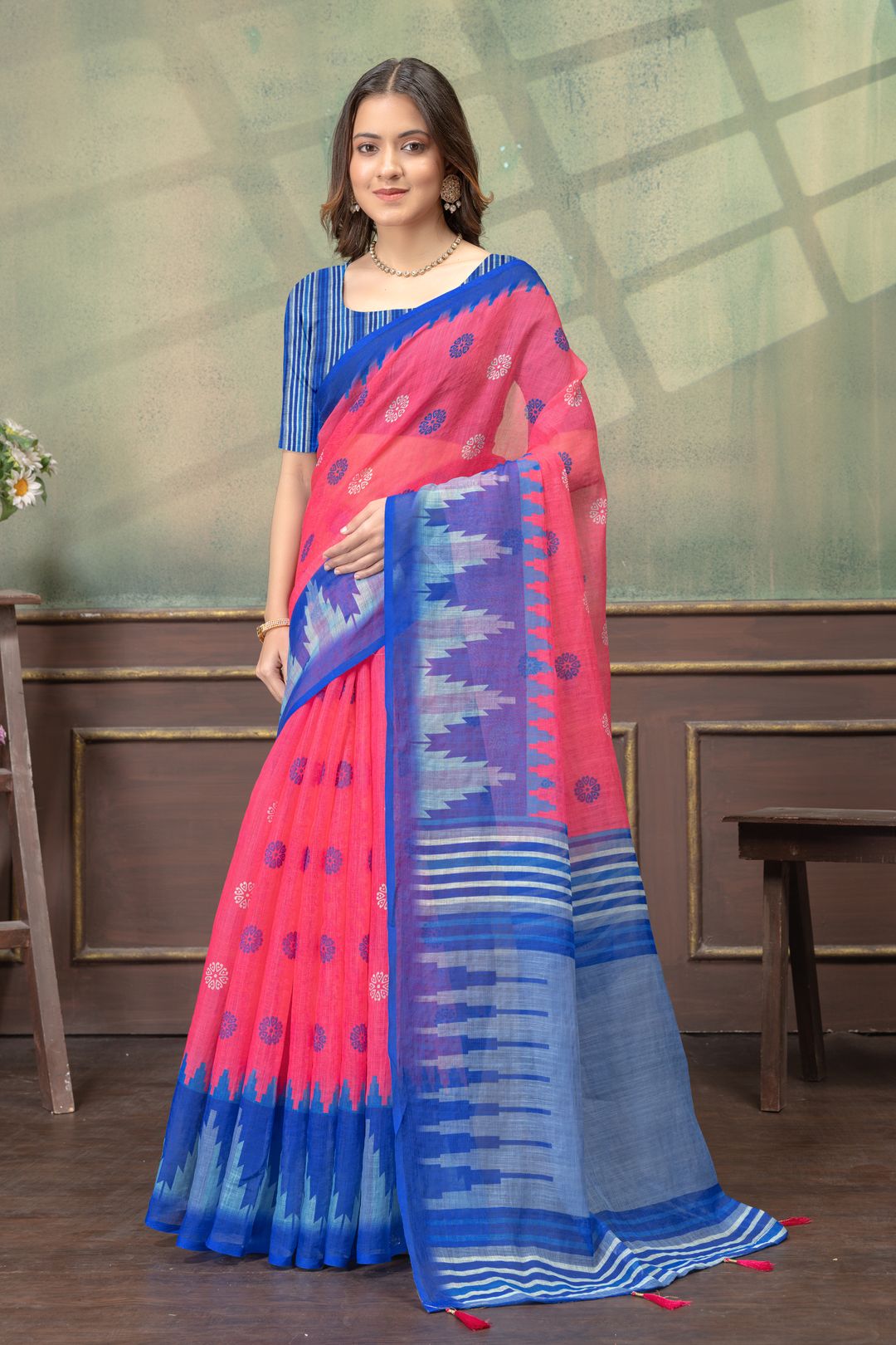 Coral Pink & Royal Blue Printed Saree with Designer Border