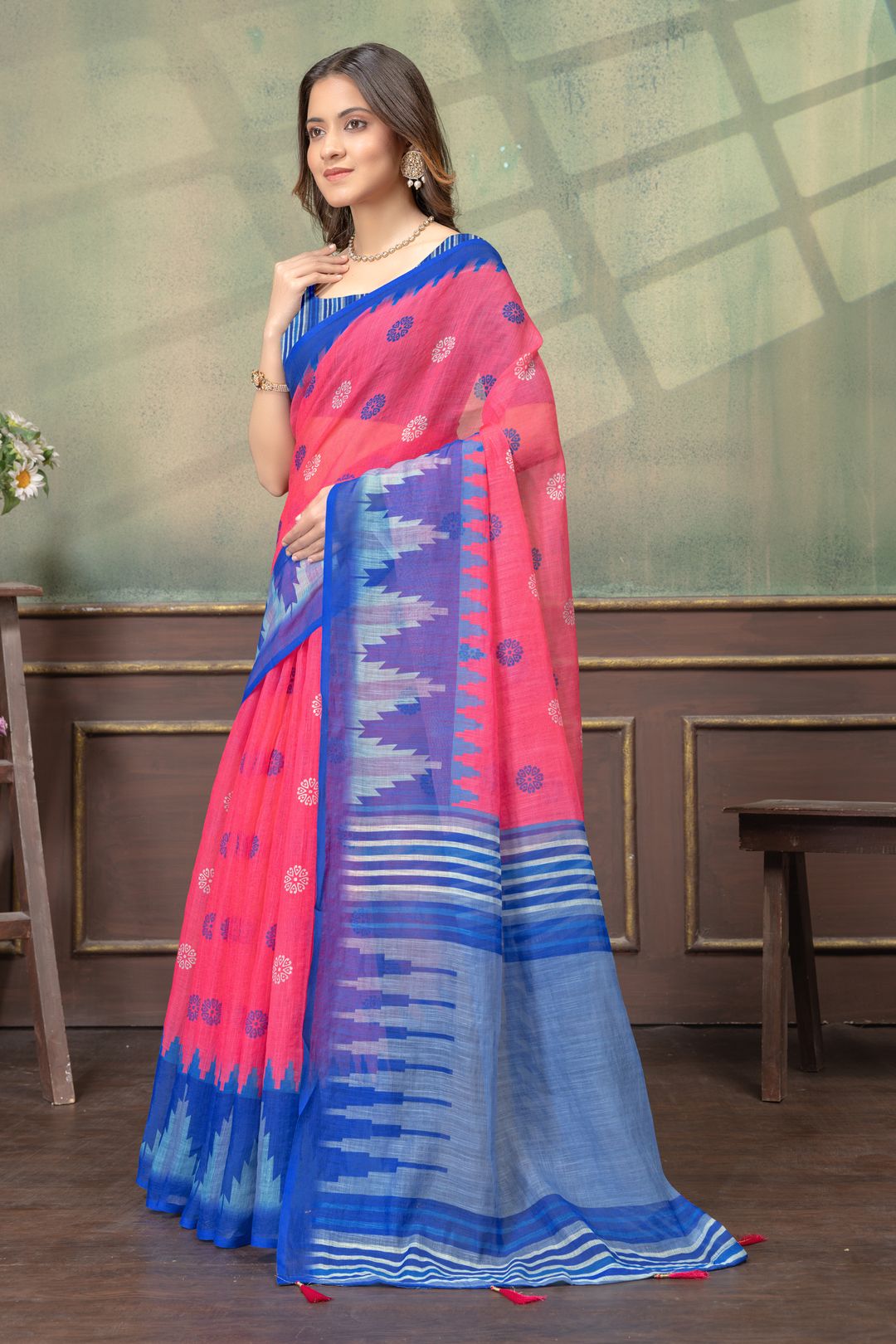 Coral Pink & Royal Blue Printed Saree with Designer Border