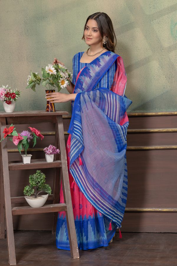 Coral Pink & Royal Blue Printed Saree with Designer Border