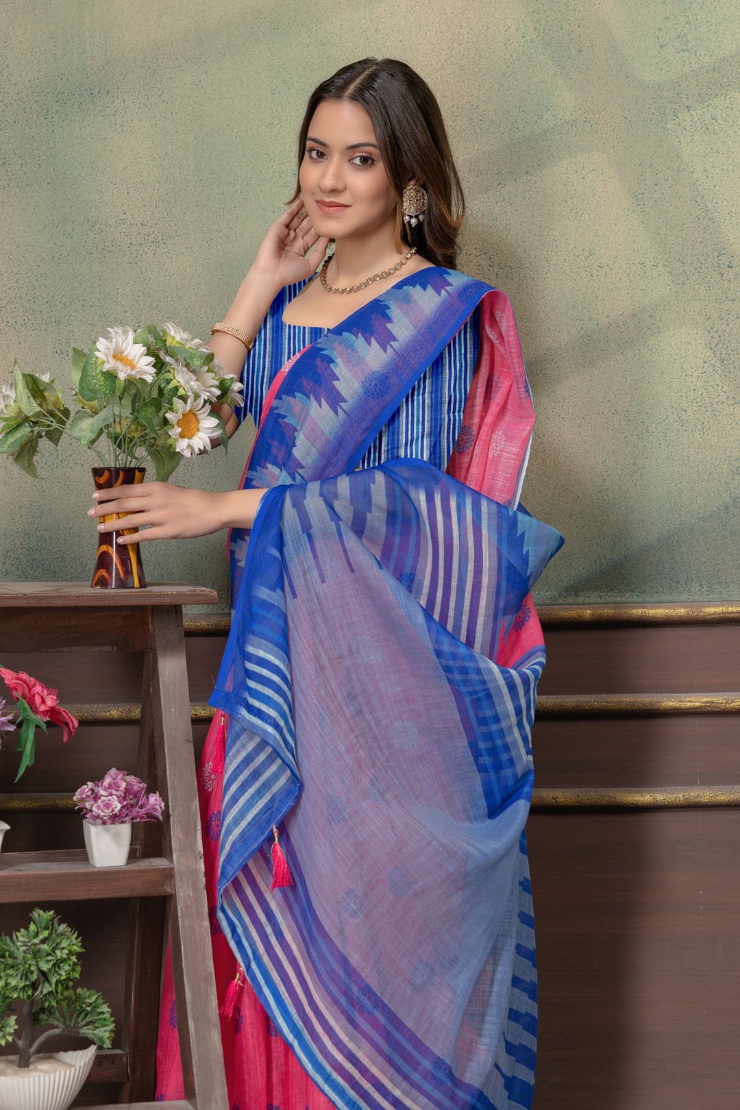 Coral Pink & Royal Blue Printed Saree with Designer Border