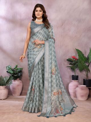 Pastel Sage Shimmer Linen Cotton Floral Ethnic Saree Womens