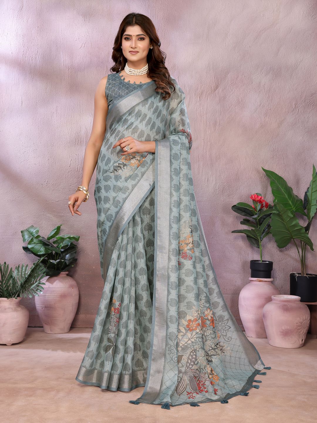 Pastel Sage Shimmer Linen Cotton Floral Ethnic Saree Womens