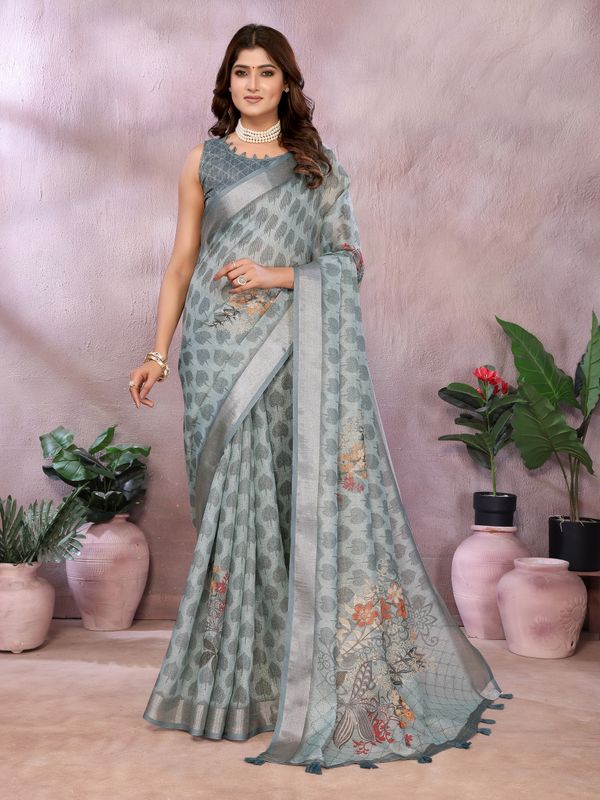 Pastel Sage Shimmer Linen Cotton Floral Ethnic Saree Womens