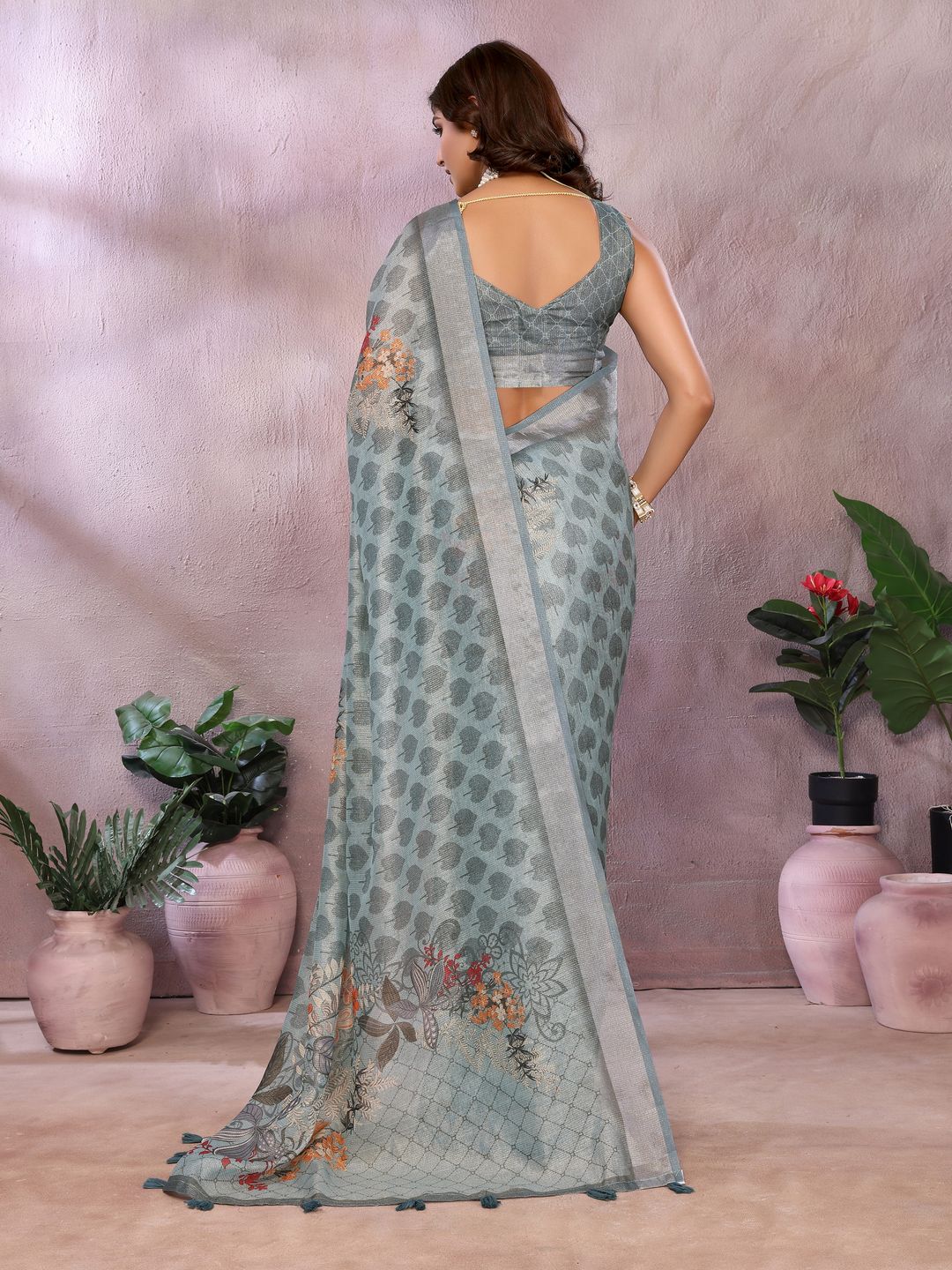 Pastel Sage Shimmer Linen Cotton Floral Ethnic Saree Womens