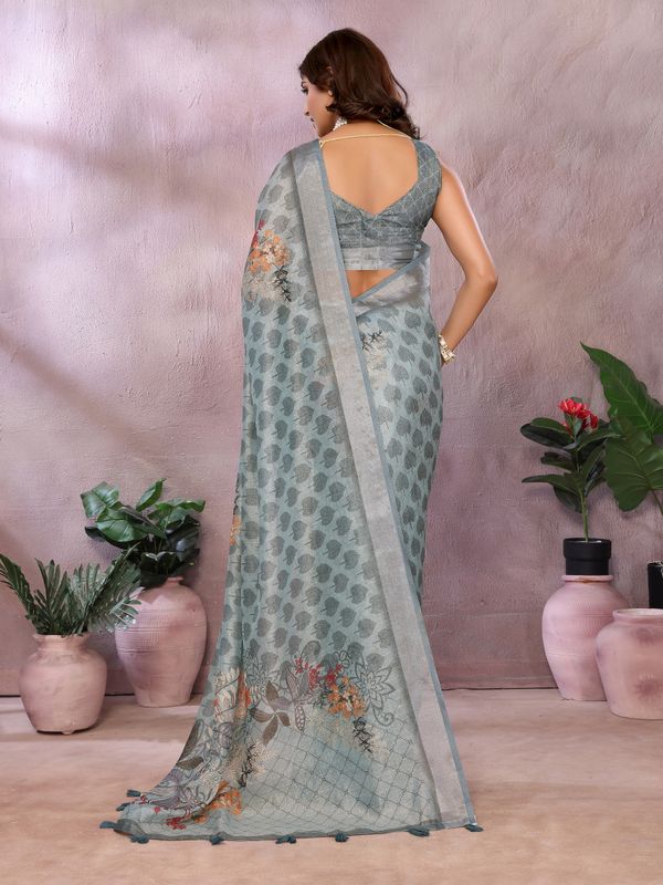 Pastel Sage Shimmer Linen Cotton Floral Ethnic Saree Womens