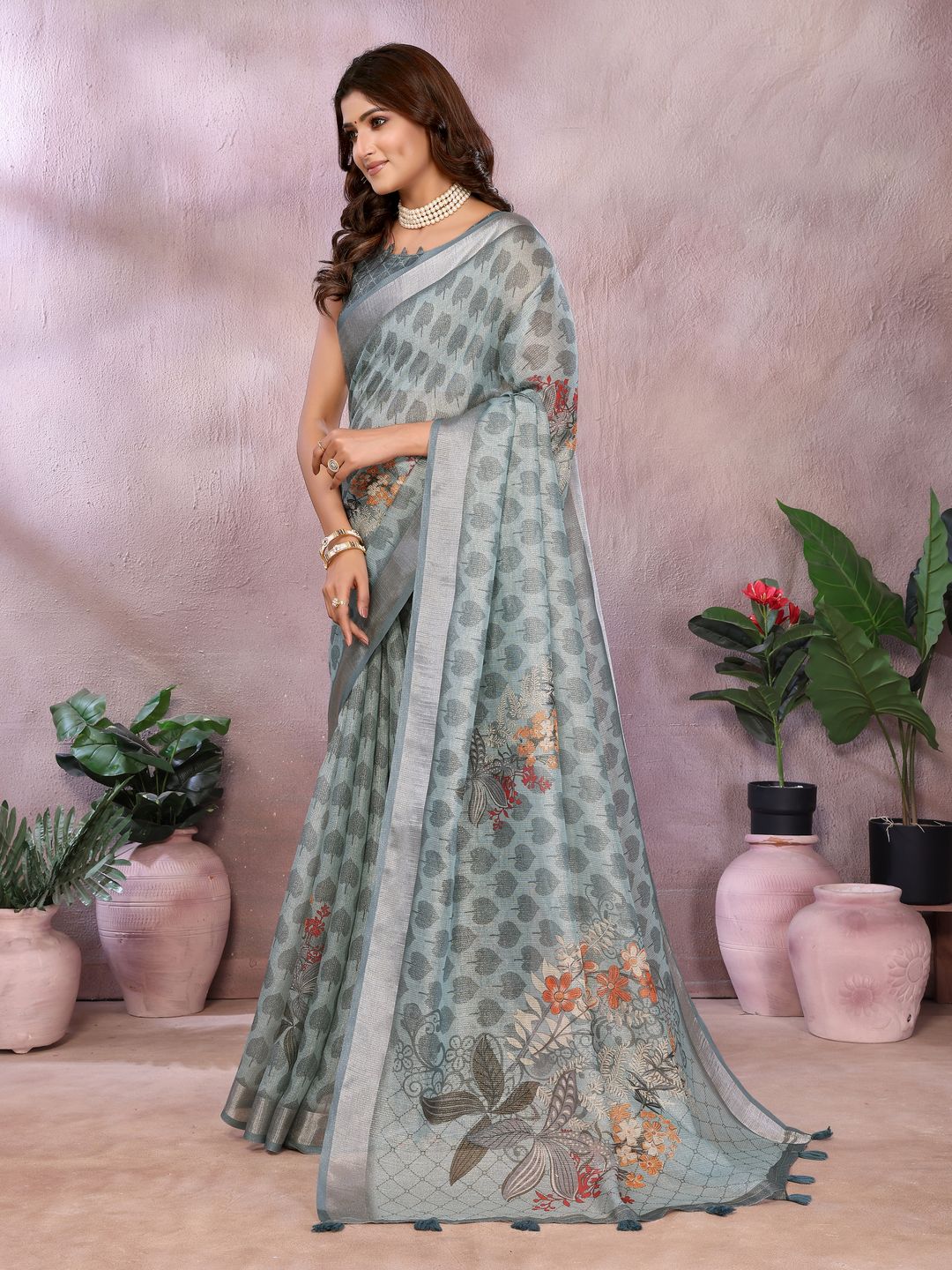 Pastel Sage Shimmer Linen Cotton Floral Ethnic Saree Womens
