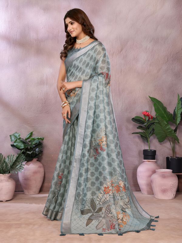 Pastel Sage Shimmer Linen Cotton Floral Ethnic Saree Womens