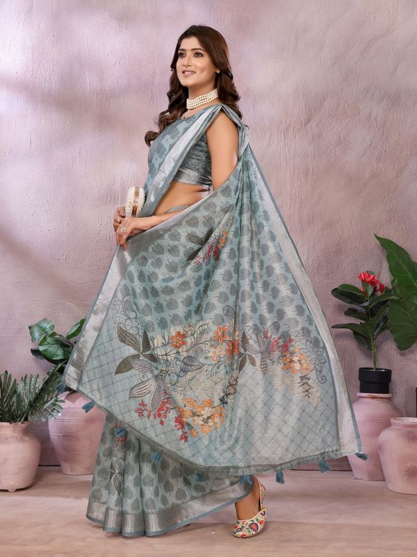 Pastel Sage Shimmer Linen Cotton Floral Ethnic Saree Womens