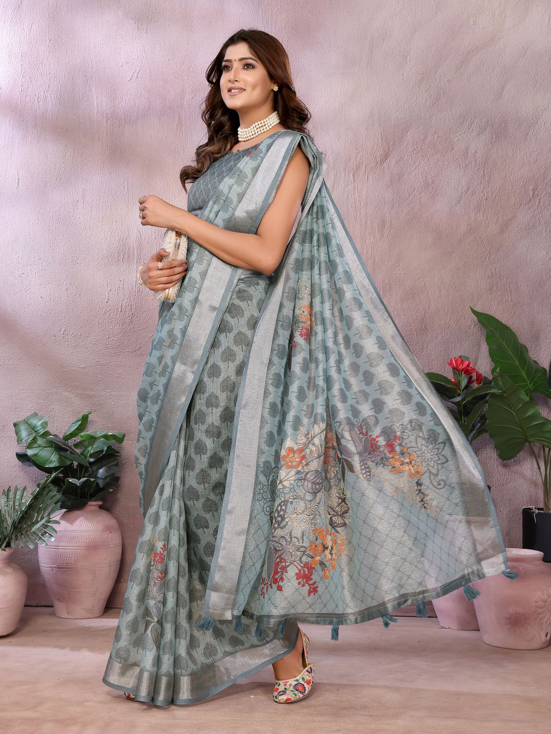 Pastel Sage Shimmer Linen Cotton Floral Ethnic Saree Womens