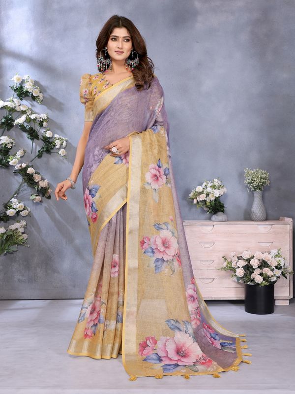 Pastel Lavender Floral Saree with Printed Pallu & Gold Trim