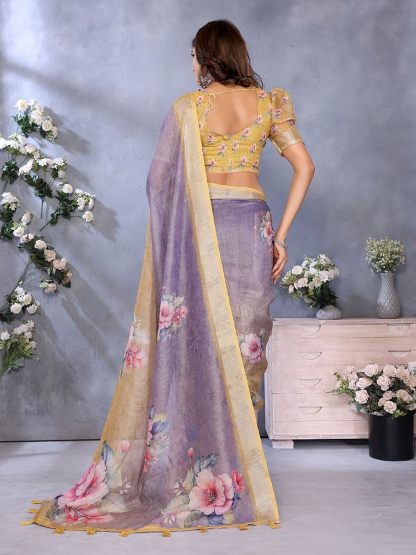 Pastel Lavender Floral Saree with Printed Pallu & Gold Trim