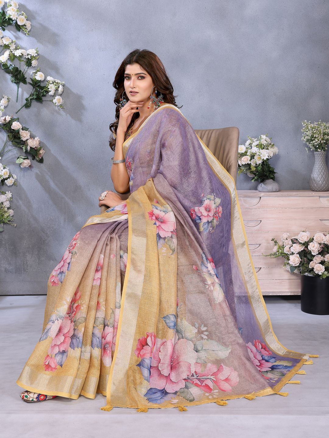 Pastel Lavender Floral Saree with Printed Pallu & Gold Trim