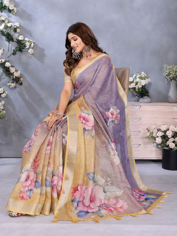Pastel Lavender Floral Saree with Printed Pallu & Gold Trim