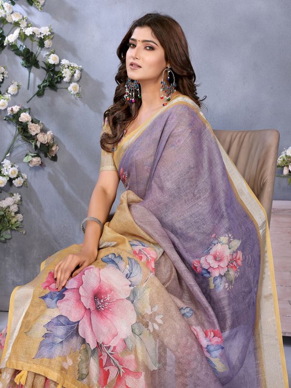 Pastel Lavender Floral Saree with Printed Pallu & Gold Trim