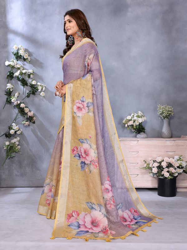 Pastel Lavender Floral Saree with Printed Pallu & Gold Trim