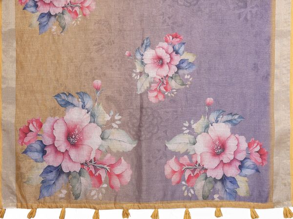 Pastel Lavender Floral Saree with Printed Pallu & Gold Trim