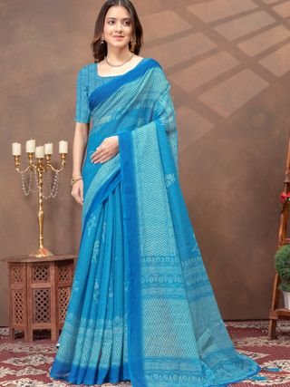 Sky Blue Printed Satin Saree with Designer Contrast Border