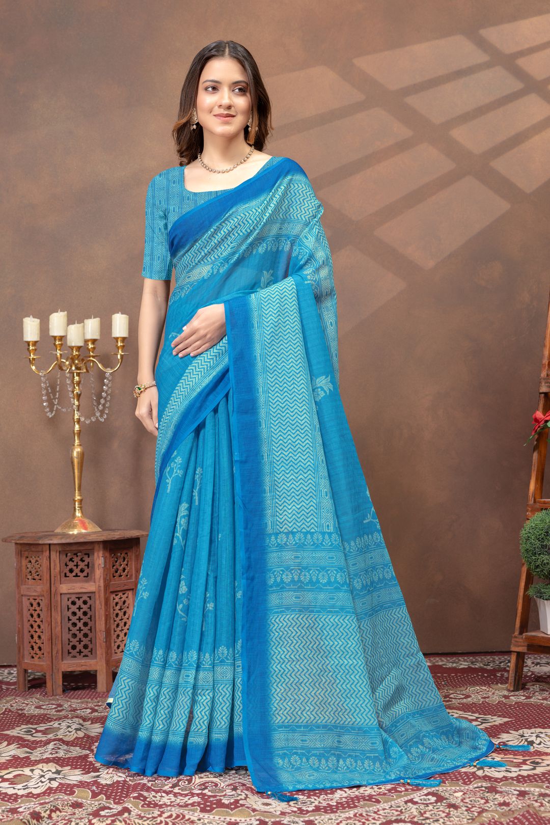Sky Blue Printed Satin Saree with Designer Contrast Border