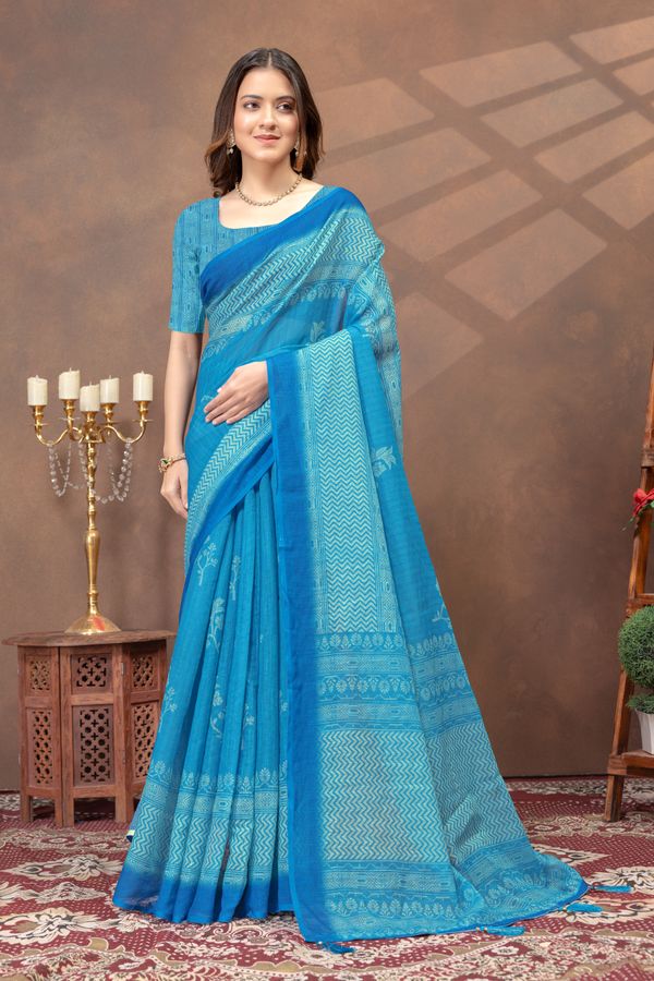 Sky Blue Printed Satin Saree with Designer Contrast Border