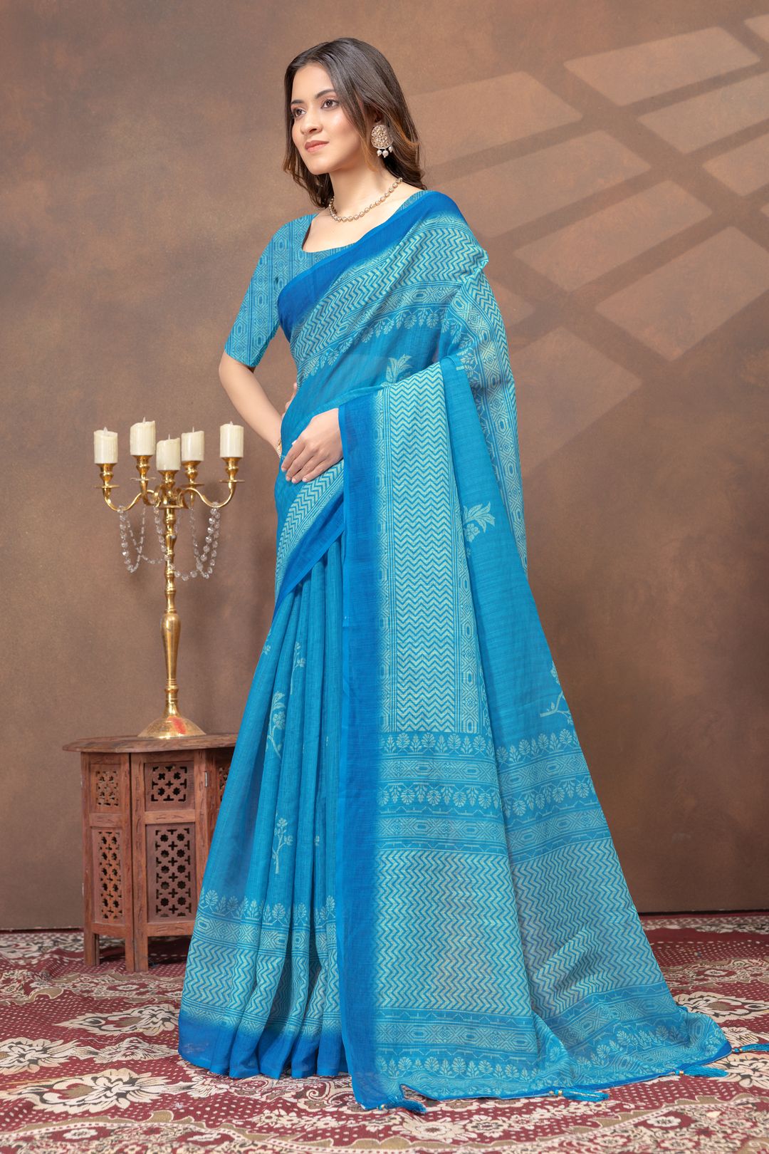 Sky Blue Printed Satin Saree with Designer Contrast Border