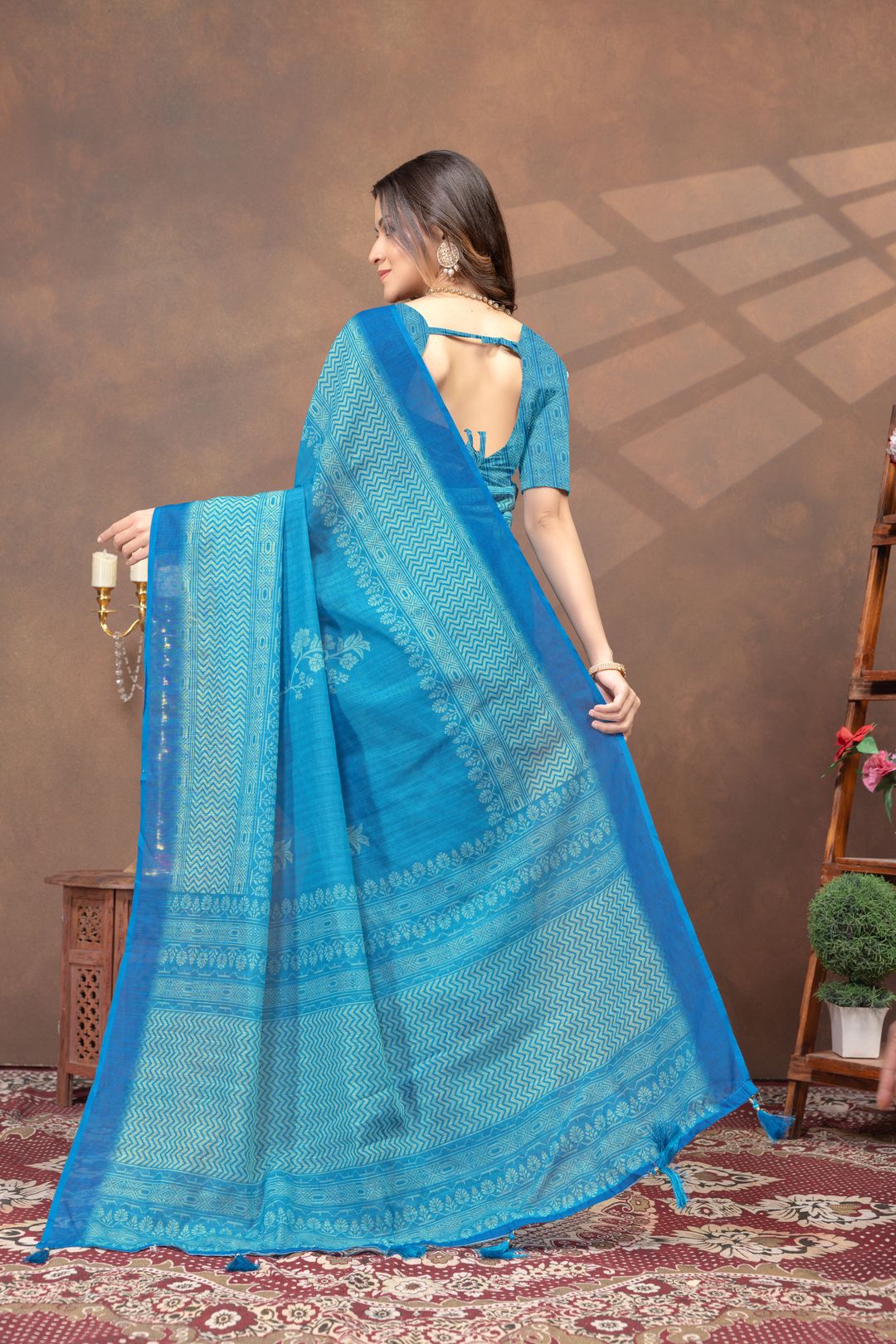 Sky Blue Printed Satin Saree with Designer Contrast Border