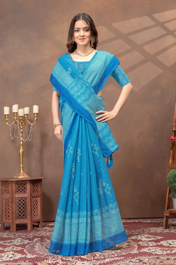 Sky Blue Printed Satin Saree with Designer Contrast Border
