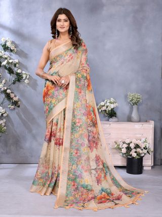 Peach Floral Digital Print Shimmer Linen Cotton Saree