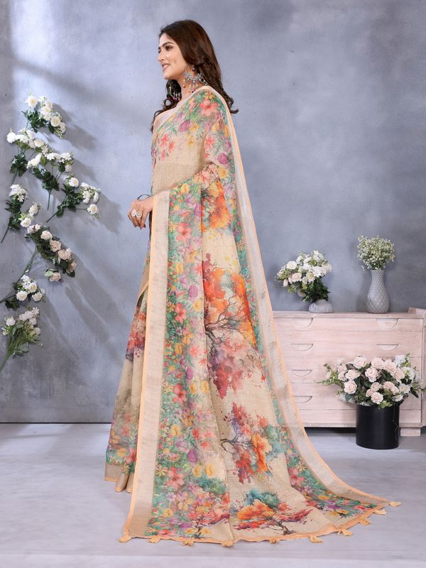 Peach Floral Digital Print Shimmer Linen Cotton Saree