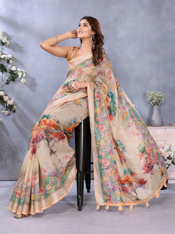 Peach Floral Digital Print Shimmer Linen Cotton Saree