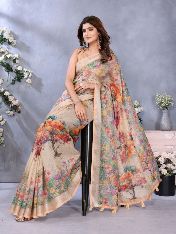 Peach Floral Digital Print Shimmer Linen Cotton Saree