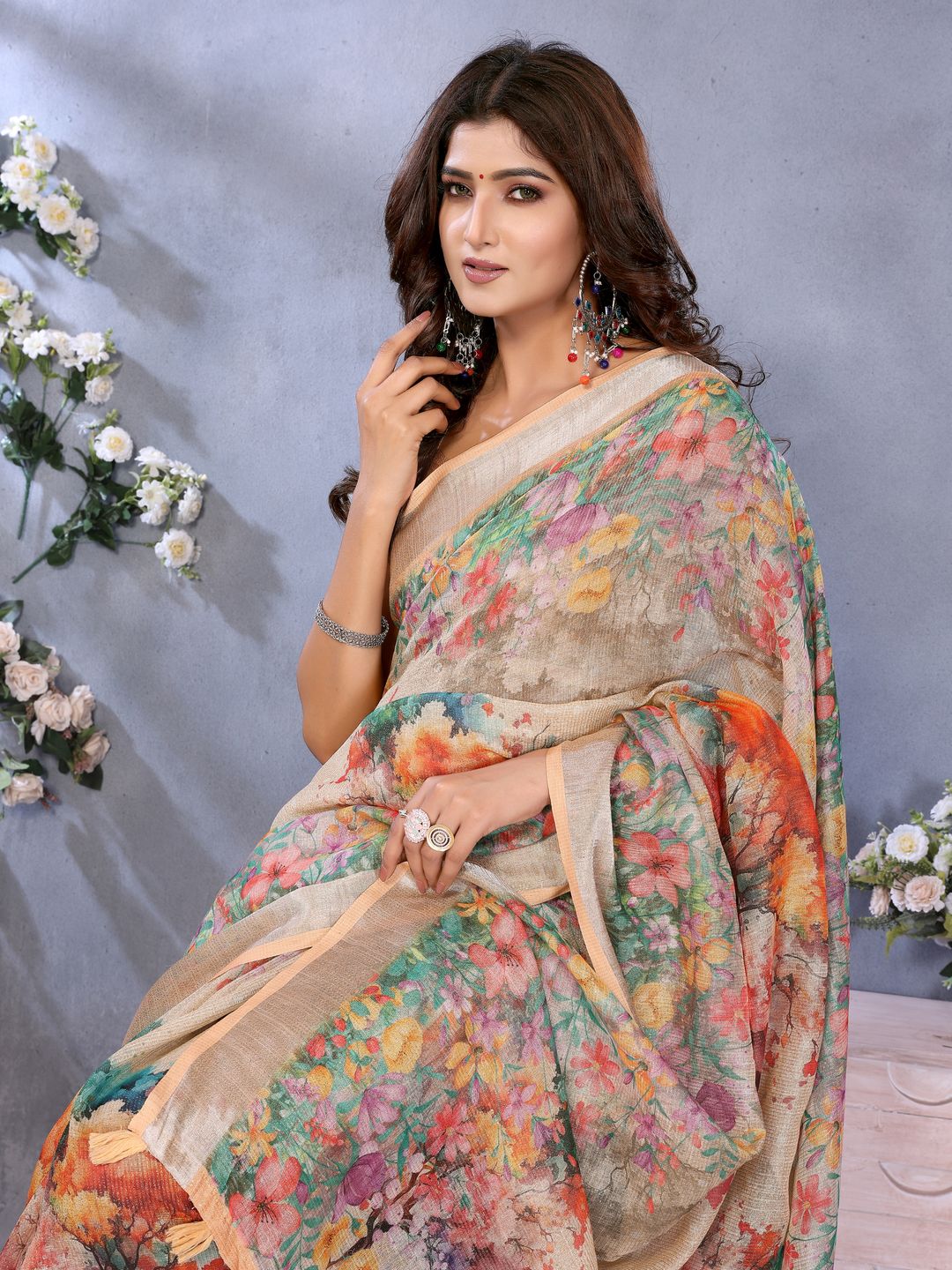 Peach Floral Digital Print Shimmer Linen Cotton Saree