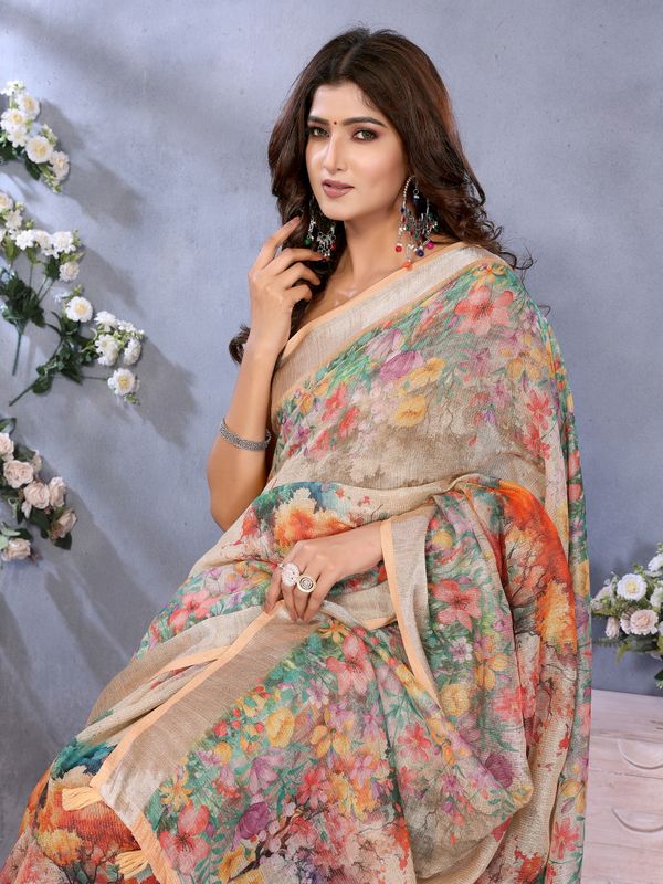 Peach Floral Digital Print Shimmer Linen Cotton Saree