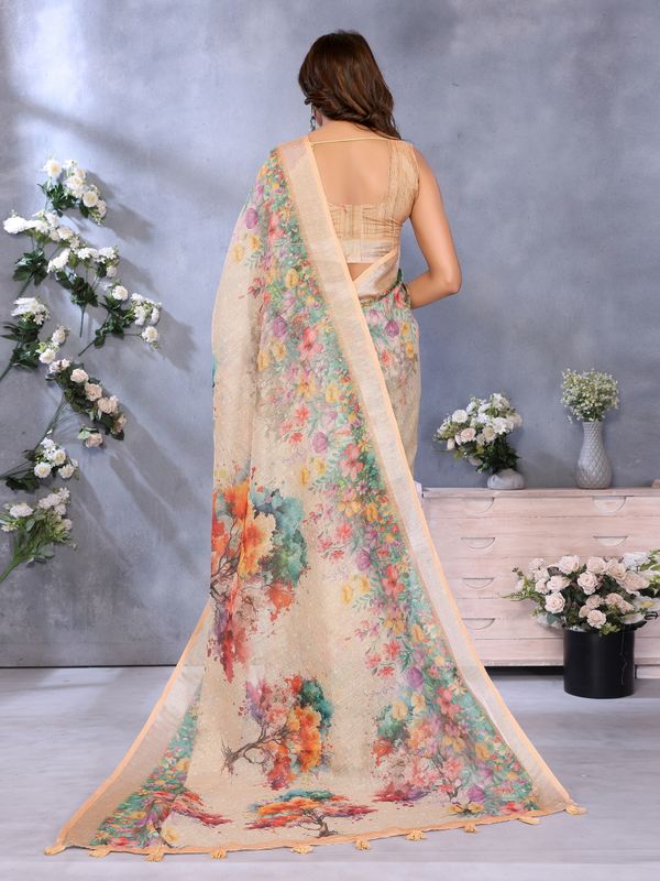 Peach Floral Digital Print Shimmer Linen Cotton Saree