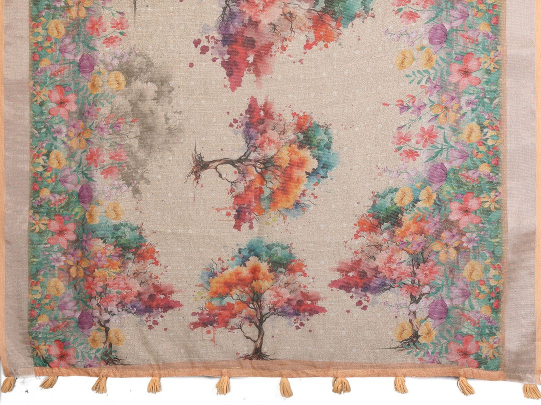 Peach Floral Digital Print Shimmer Linen Cotton Saree