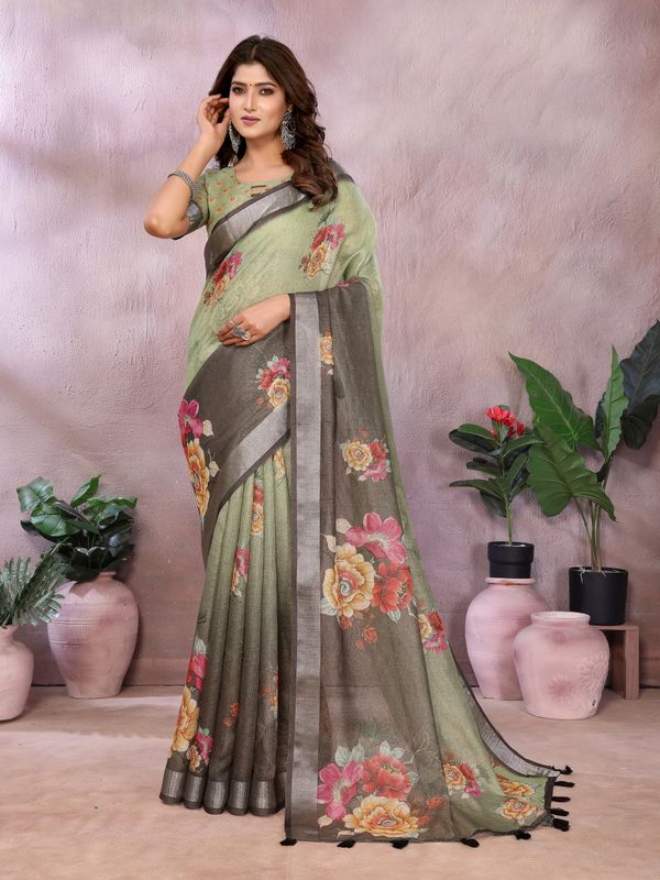 Sage Green Floral Shimmer Linen Cotton Saree