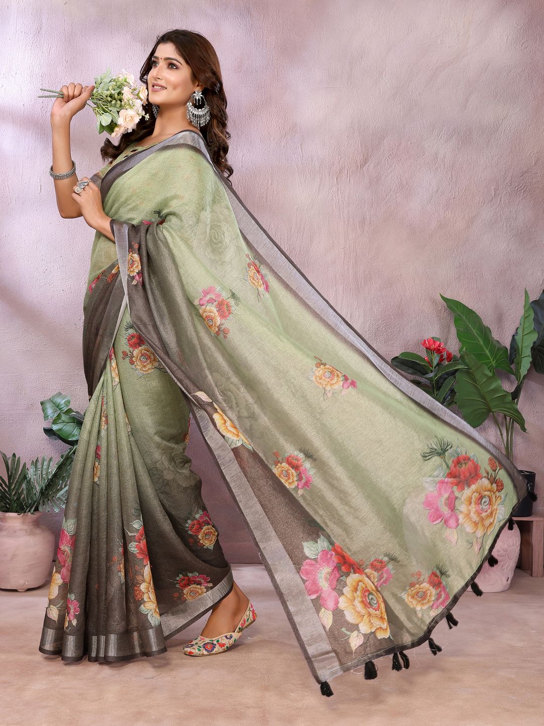 Sage Green Floral Shimmer Linen Cotton Saree