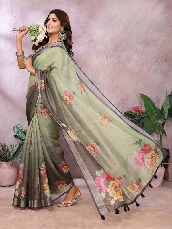 Sage Green Floral Shimmer Linen Cotton Saree