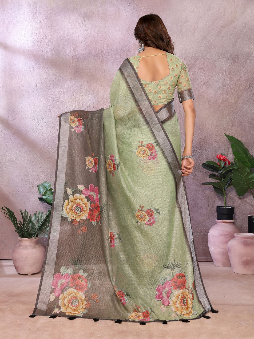 Sage Green Floral Shimmer Linen Cotton Saree