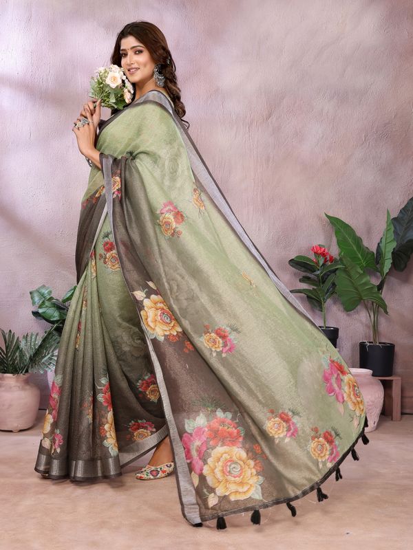 Sage Green Floral Shimmer Linen Cotton Saree