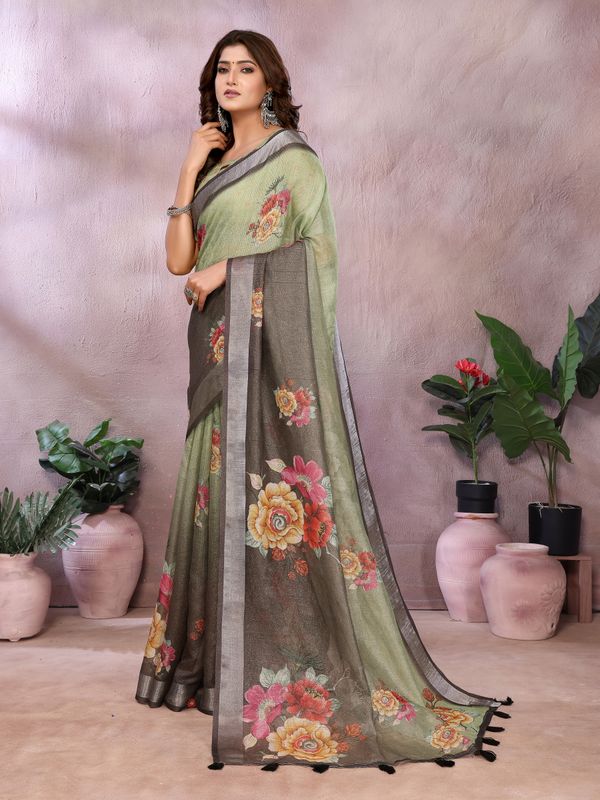Sage Green Floral Shimmer Linen Cotton Saree