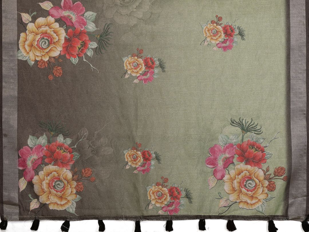 Sage Green Floral Shimmer Linen Cotton Saree
